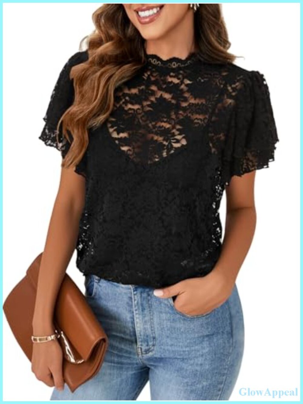 Lace Sheer Flounce Sleeve Mock Neck Blouse